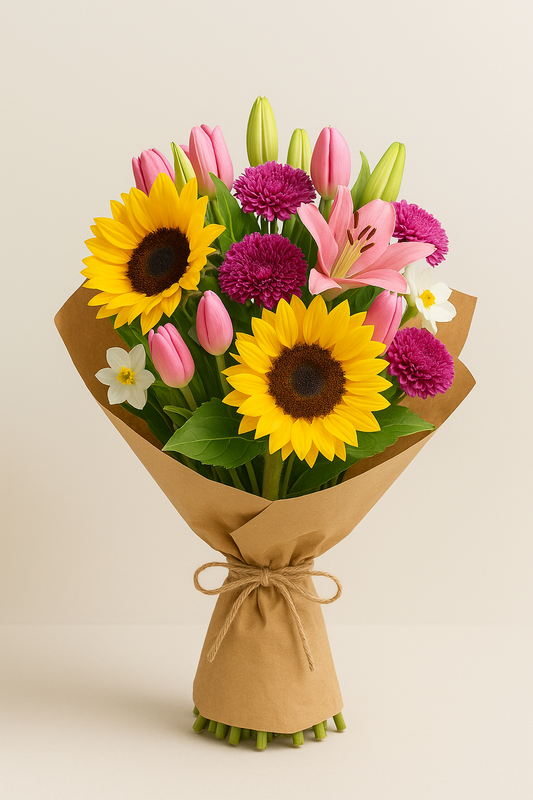 Fresh hand-tied bouquet featuring sunflowers, pink Asiatic lilies, pink tulips, magenta chrysanthemums, and white narcissus, wrapped in rustic kraft paper and tied with jute twine.