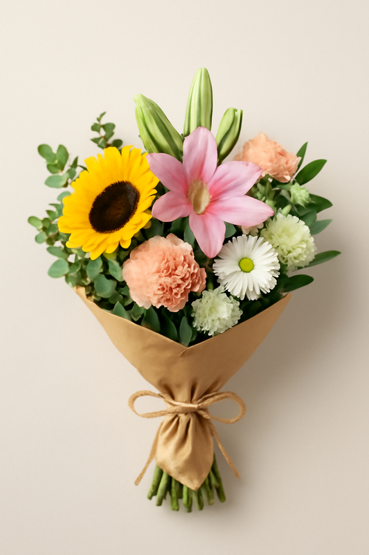 Eco-friendly bouquet featuring sunflowers, pink lilies, carnations, and white chrysanthemums wrapped in kraft paper and tied with jute twine, with lush greenery, set against a soft neutral background.