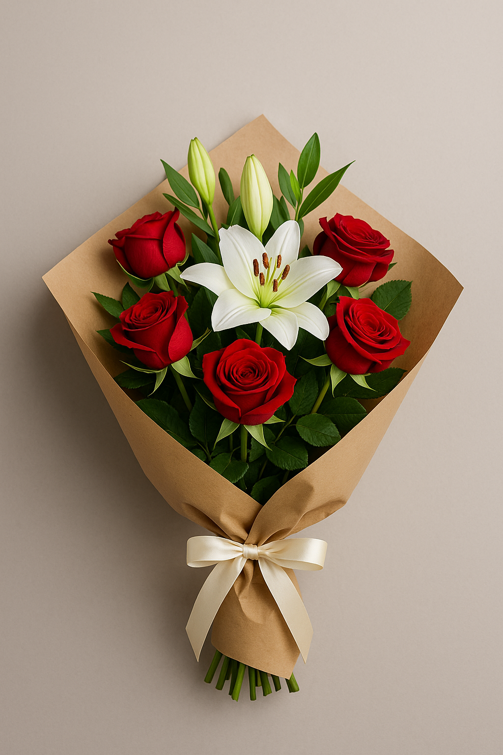 Red rose and white lily bouquet wrapped in kraft paper.