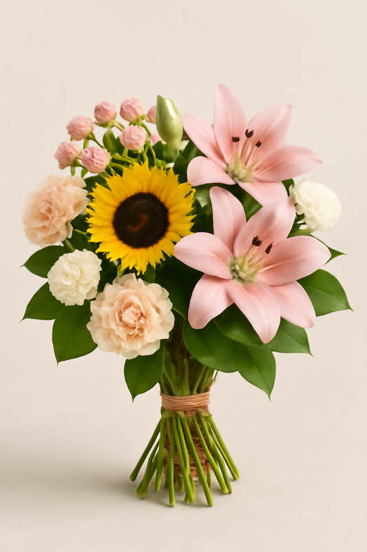 Hand-tied bouquet with sunflowers, pink Asiatic lilies, peach carnations, white chrysanthemums, and pink spray roses, wrapped in rustic kraft paper and tied with jute twine.