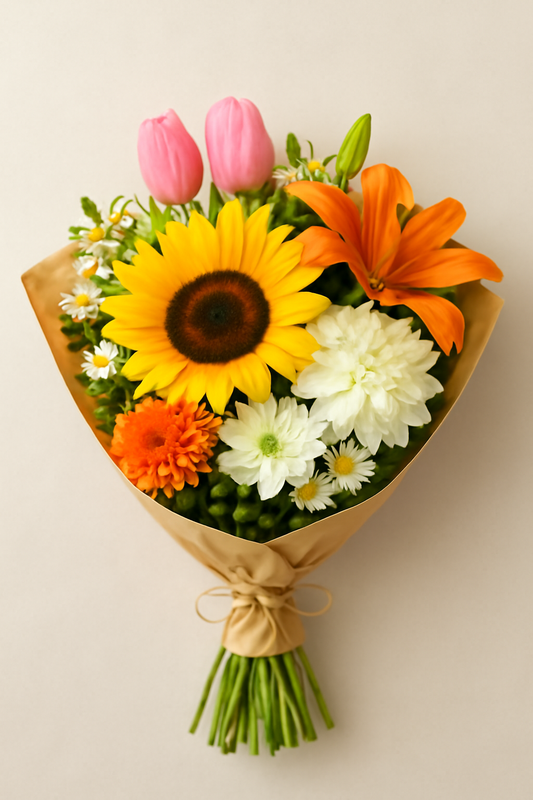 Vibrant hand-tied bouquet featuring sunflowers, pink tulips, orange Asiatic lilies, marigolds, white chrysanthemums, and daisies, wrapped in rustic kraft paper and tied with jute twine.
