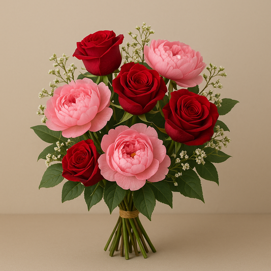 Elegant bouquet of red roses and pink peonies arranged with white filler flowers and green leaves, set against a plain beige background.
