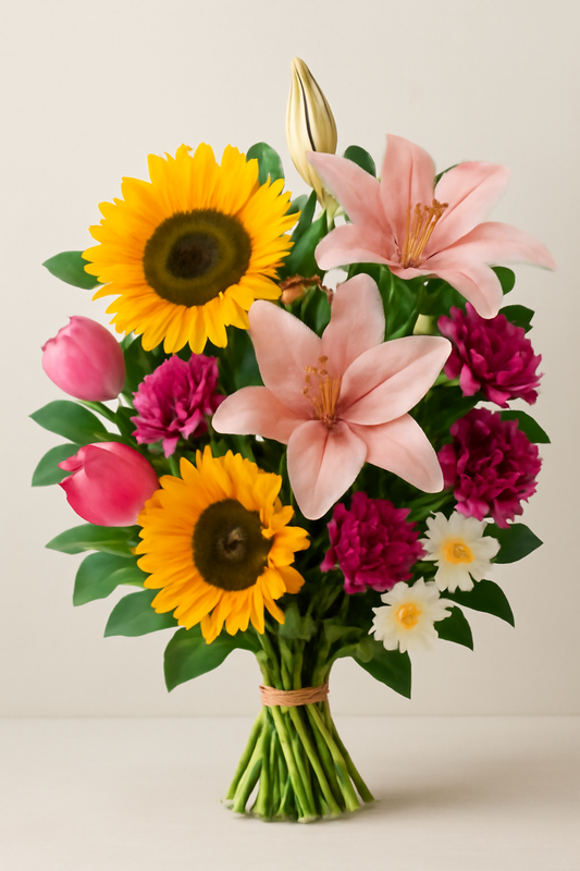 Fresh hand-tied bouquet featuring sunflowers, pink Asiatic lilies, pink tulips, magenta chrysanthemums, and white narcissus, wrapped in rustic kraft paper and tied with jute twine.
