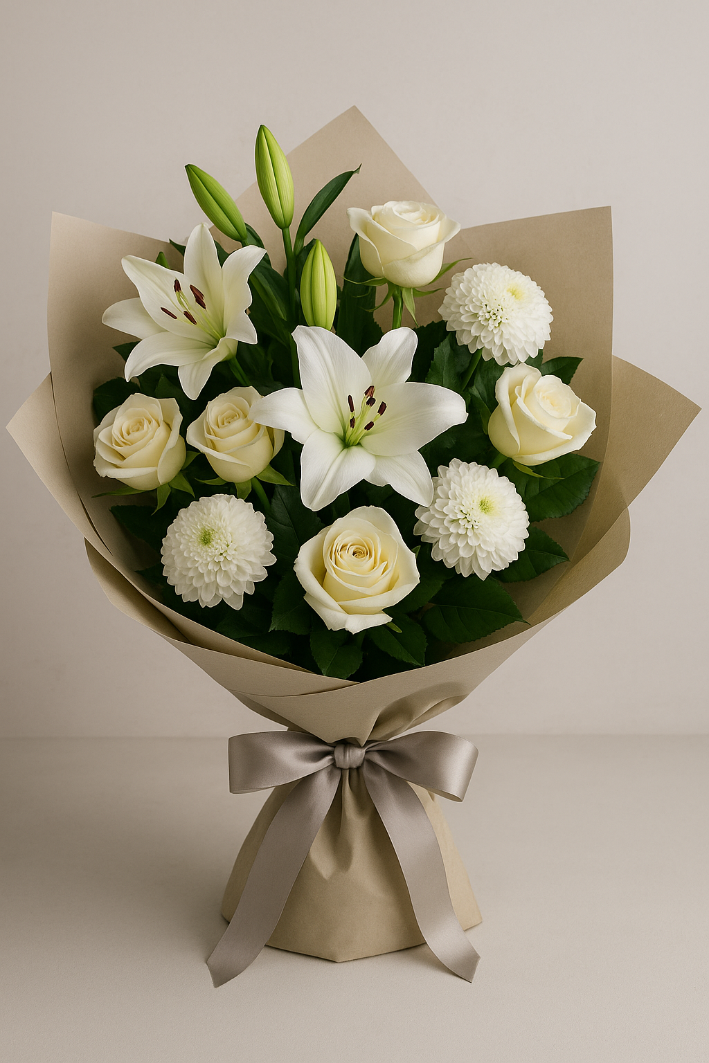 Elegant white sympathy flower bouquet with lilies and roses, wrapped in soft tones.