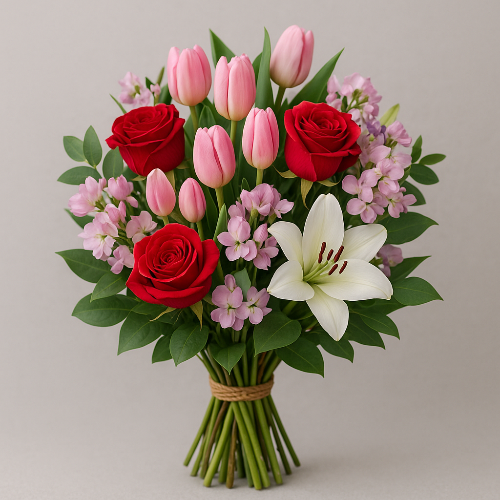 Bouquet of red roses, pink tulips, and white lily with greenery.