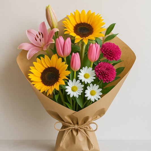 Fresh hand-tied bouquet featuring sunflowers, pink Asiatic lilies, tulips, magenta chrysanthemums, and white daisies, wrapped in rustic kraft paper and tied with jute twine.