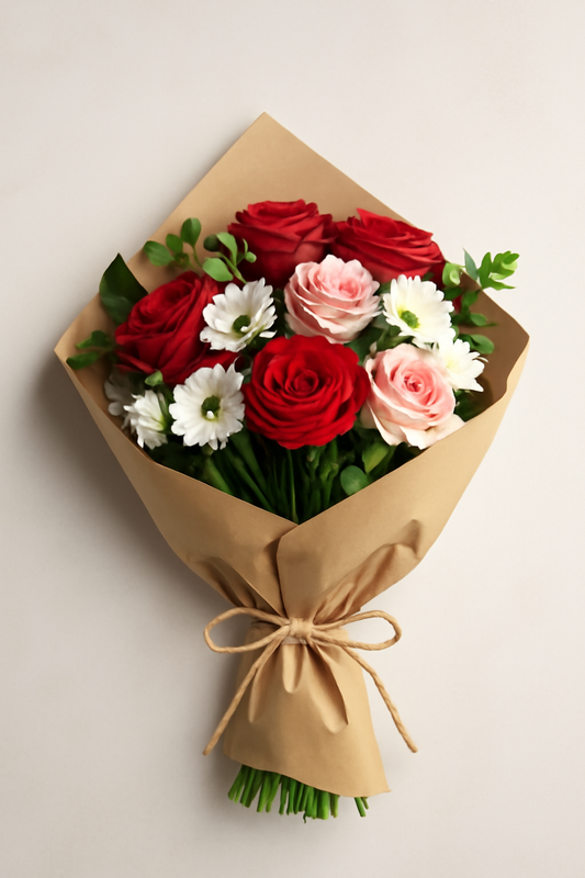 Fresh flower bouquet with roses, daisies, and greenery wrapped in kraft paper, tied with twine, offering a clean, simple aesthetic.