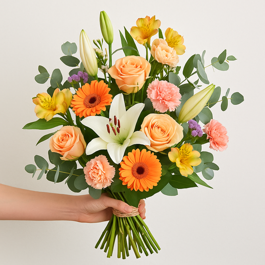 Hand-tied UK flower bouquet with lilies, gerberas, and roses – perfect for birthdays, anniversaries, and gift delivery in the UK