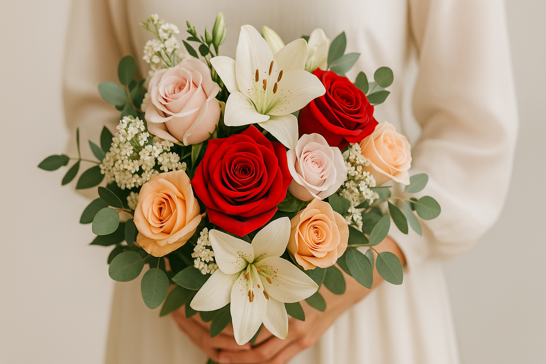 Elegant anniversary bouquet with red roses, peach roses, blush pink roses, white lilies, and lush greenery held by a woman in an off-white dress.
