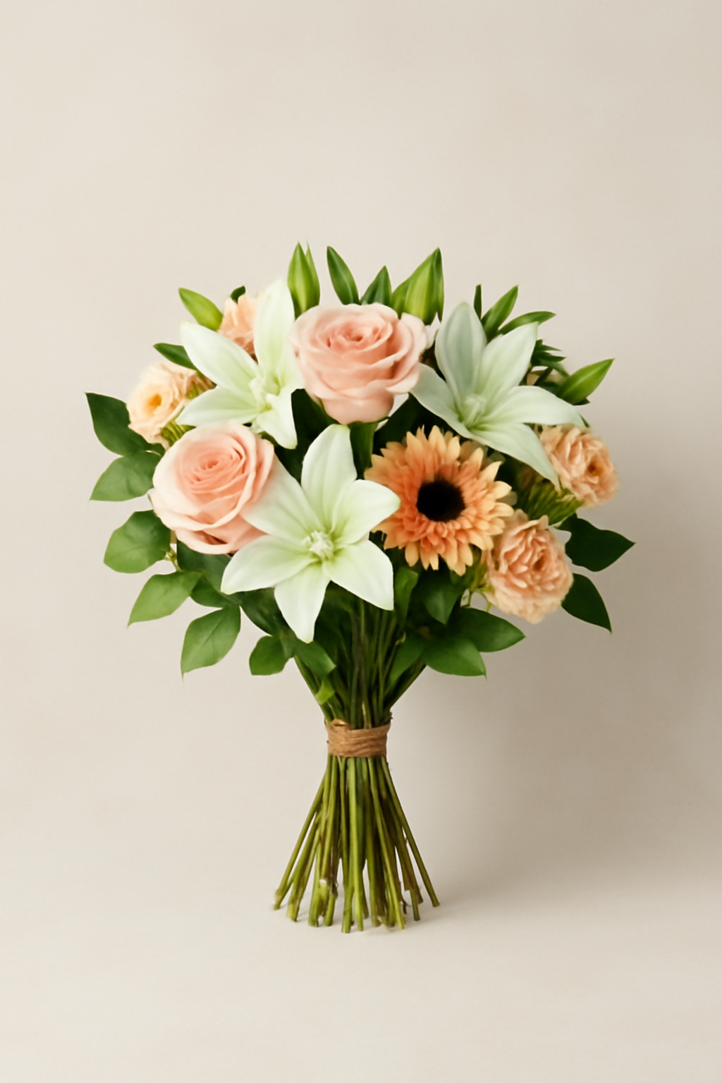Simple bouquet arranged in a classic shape with soft pink roses, white lilies, peach carnations, and green leaves tied with natural twine, set against a neutral background—perfect for birthday flower delivery.