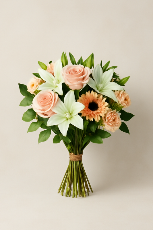 Simple bouquet arranged in a classic shape with soft pink roses, white lilies, peach carnations, and green leaves tied with natural twine, set against a neutral background—perfect for birthday flower delivery.