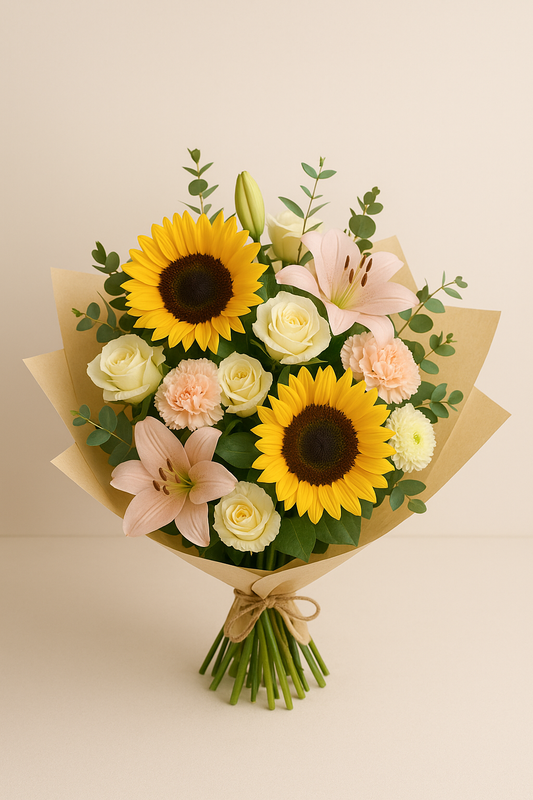 Fresh get well soon bouquet with sunflowers, lilies, and carnations wrapped in cream paper – UK flower delivery