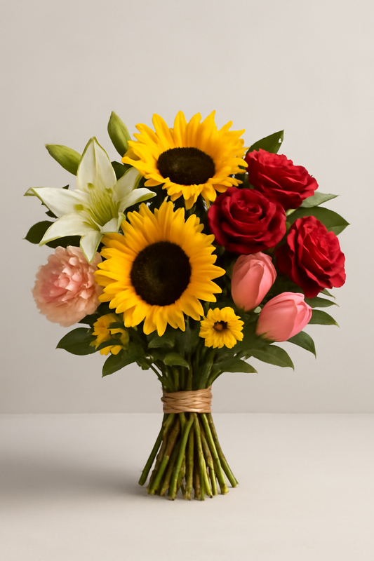 Fresh hand-tied bouquet featuring sunflowers, pink lilies, purple tulips, white daisies, and vibrant greenery, wrapped in rustic kraft paper and tied with jute twine.
