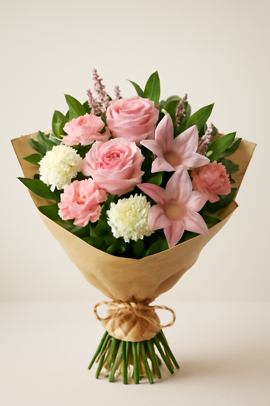 Hand-tied bouquet featuring pink roses, pink carnations, white chrysanthemums, pink Asiatic lilies, and lavender sprigs, wrapped in rustic kraft paper and tied with jute twine.
