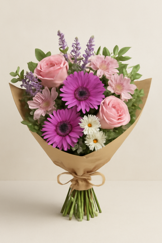 Fresh flower bouquet featuring pink roses, purple gerbera daisies, pink alstroemeria, lavender sprays, and white chrysanthemums, wrapped in eco-friendly kraft paper and tied with rustic jute twine.
