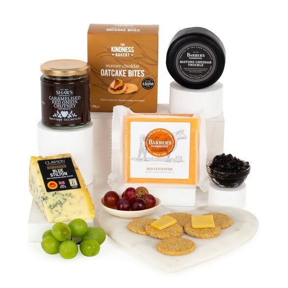 British cheese tasting box with cheddar, red leicester, stilton, oatcake bites and caramelised onion chutney – UK artisan savoury gift hamper