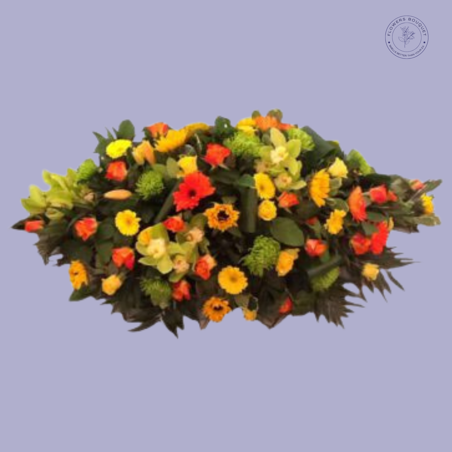 Colorful floral funeral tribute filled with gerberas, orchids, and chrysanthemums in yellow, orange, and red.