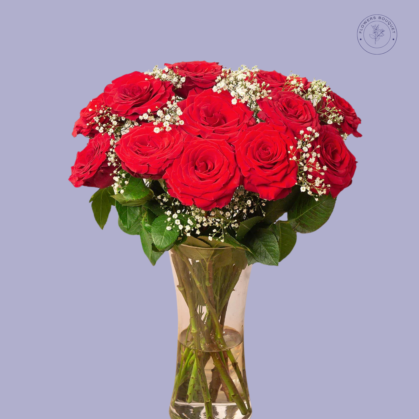 Crimson Elegance Vase featuring 20 vibrant red roses with baby’s breath, arranged in a sleek glass vase, perfect for romantic occasions.
