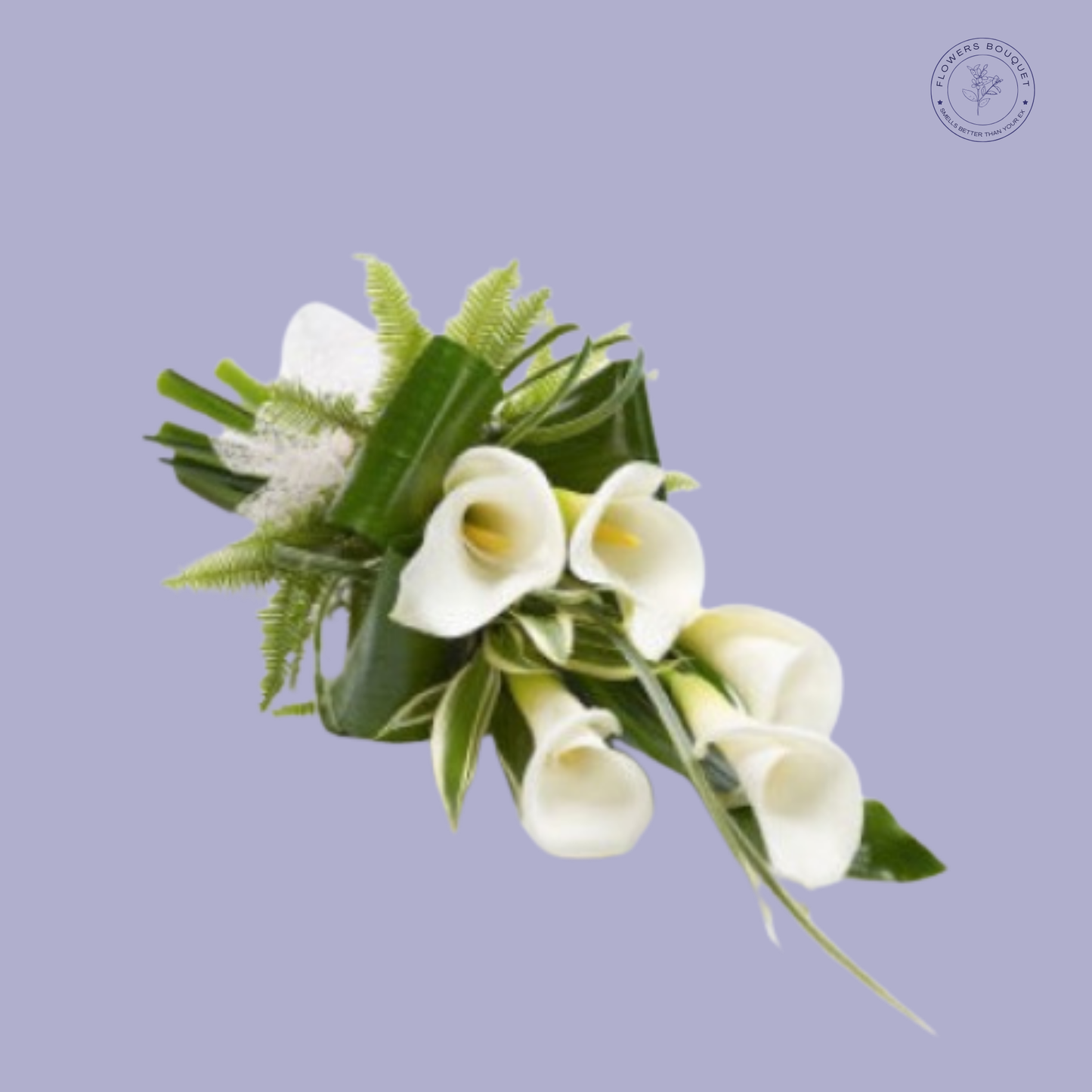 Elegant white calla lily funeral bouquet with soft greenery.