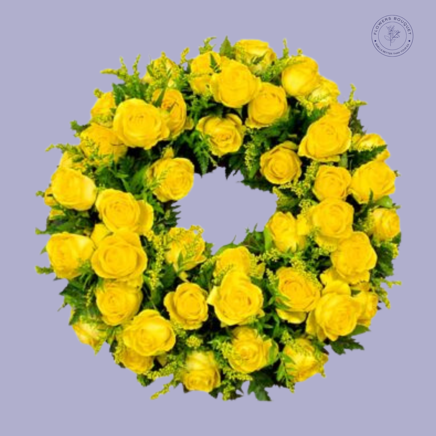 Elegant yellow rose funeral wreath with lush greenery, symbolizing remembrance and eternal love.