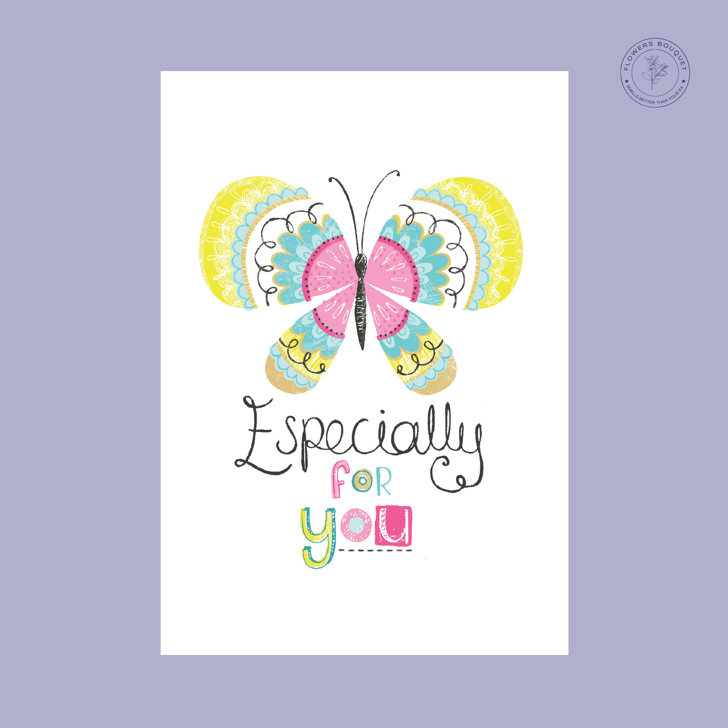 "Especially for You card with colorful butterfly illustration and playful typography, perfect for a special gift."