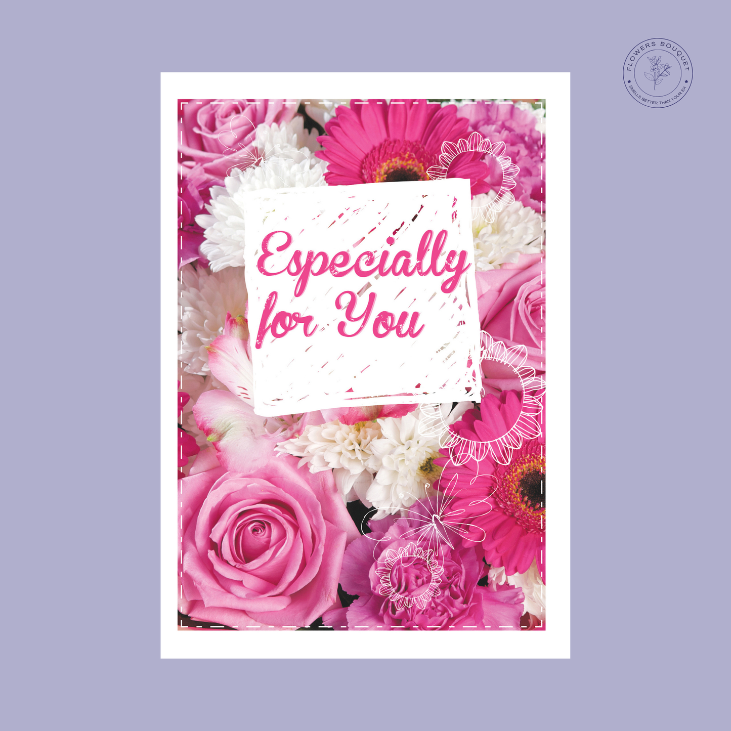 "Especially for You card with pink roses and gerbera daisies in a vibrant floral design."