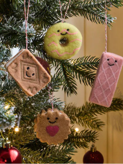 Festive biscuit bauble set with doughnut, cookie, wafer, and jam-filled biscuit Christmas tree decorations in 4 pack
