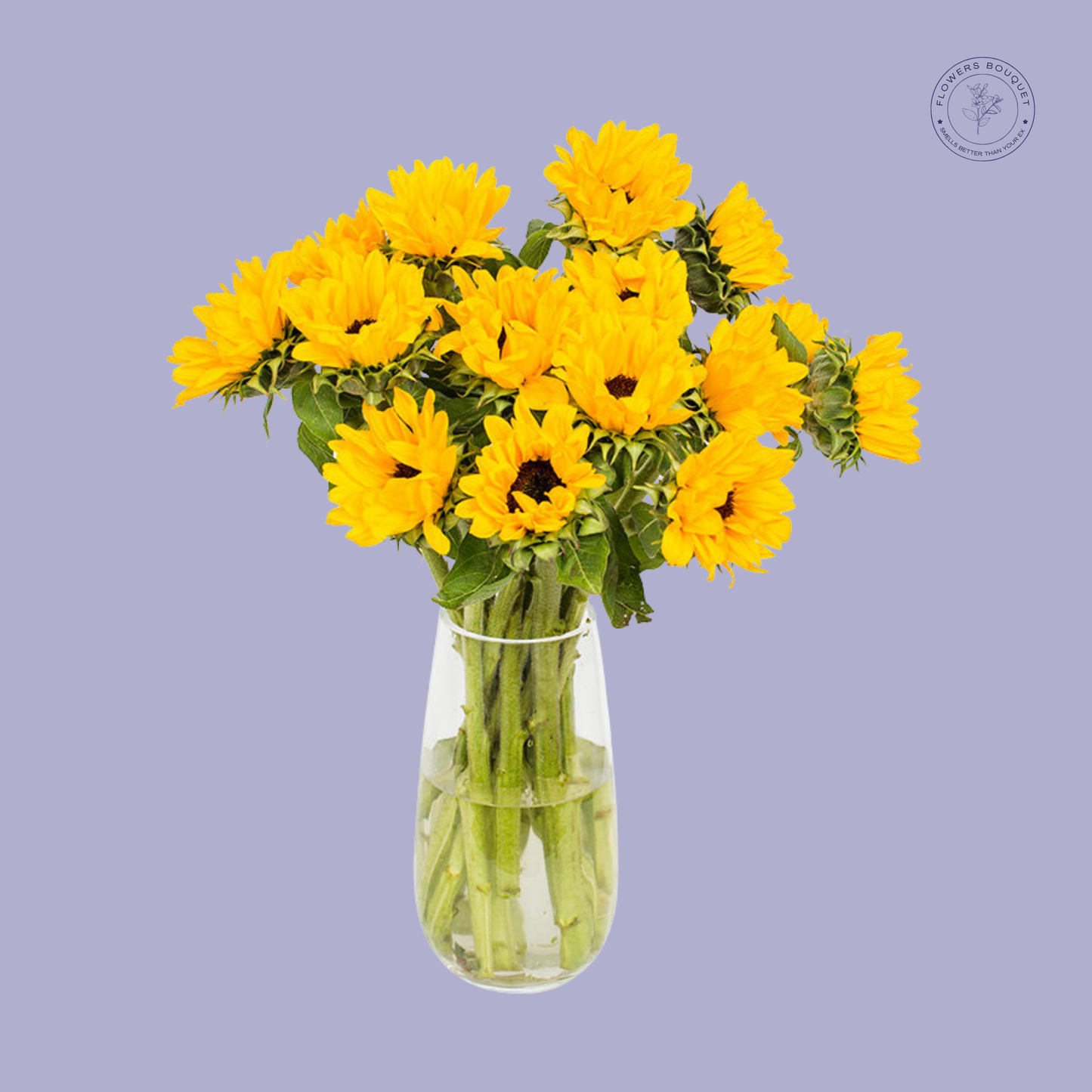 Fresh sunflower bouquet with bright yellow blooms and green leaves in a clear vase.