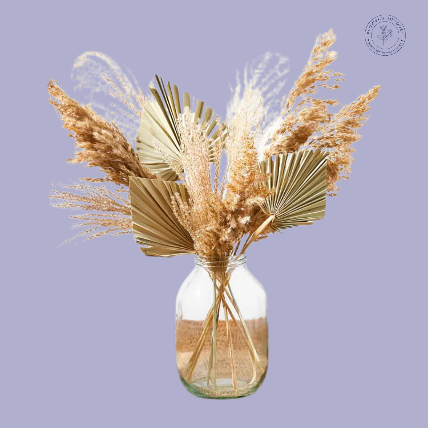 Golden Oasis Arrangement with dried pampas grass, preserved palm leaves, and golden reeds in a clear glass vase.