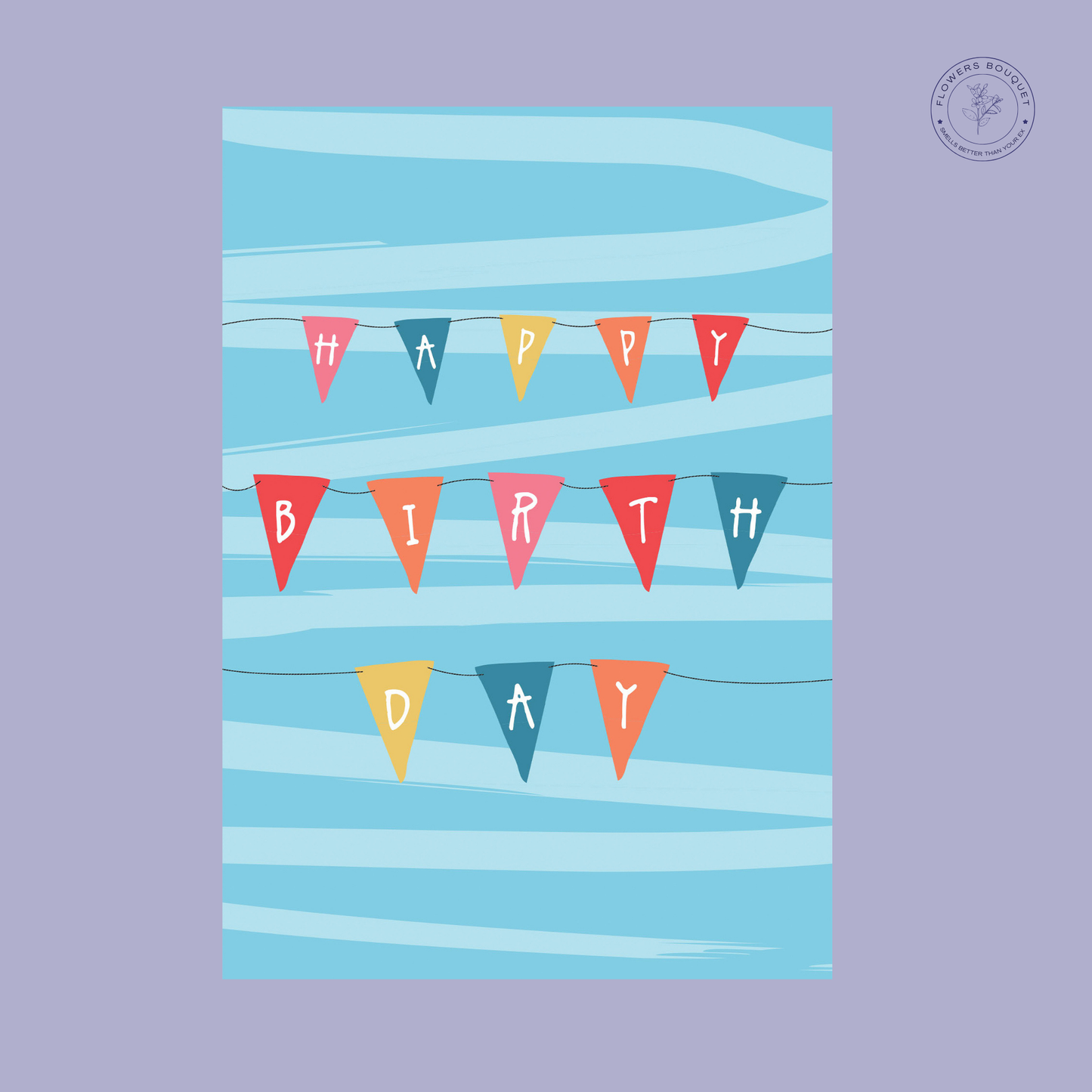 "Happy Birthday card featuring colorful bunting flags on a bright blue background."