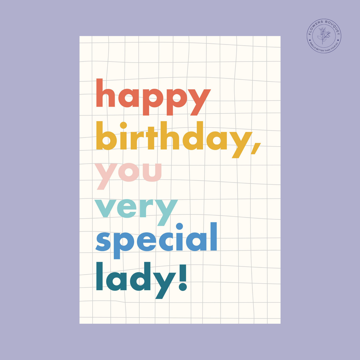 "Happy Birthday Very Special Lady Card with colorful typography on a grid background."