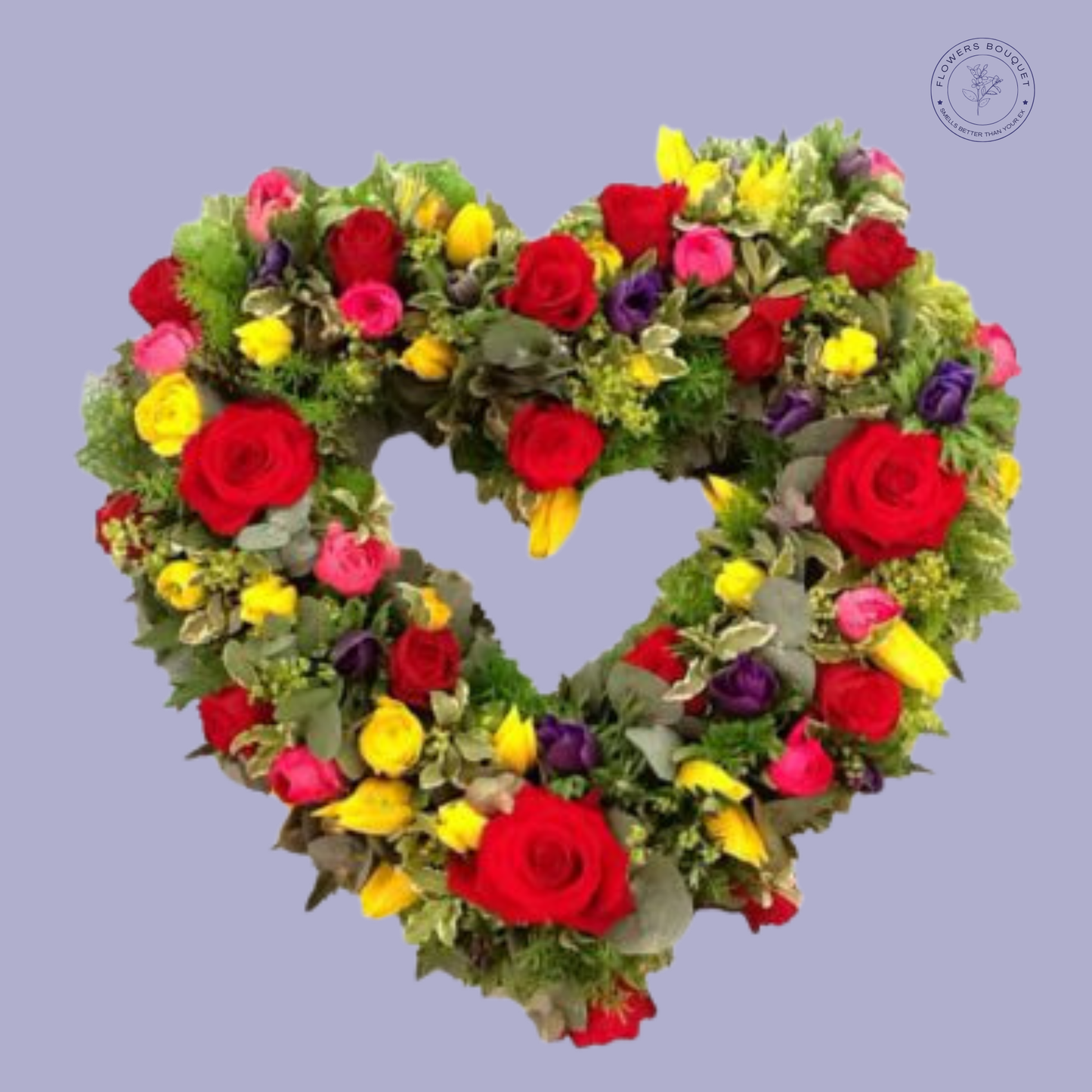 Heart-shaped funeral tribute made with multicolored roses and fresh greenery.