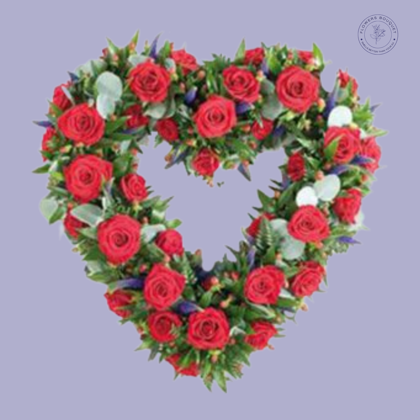 Heart-shaped funeral tribute made with red roses and greenery.