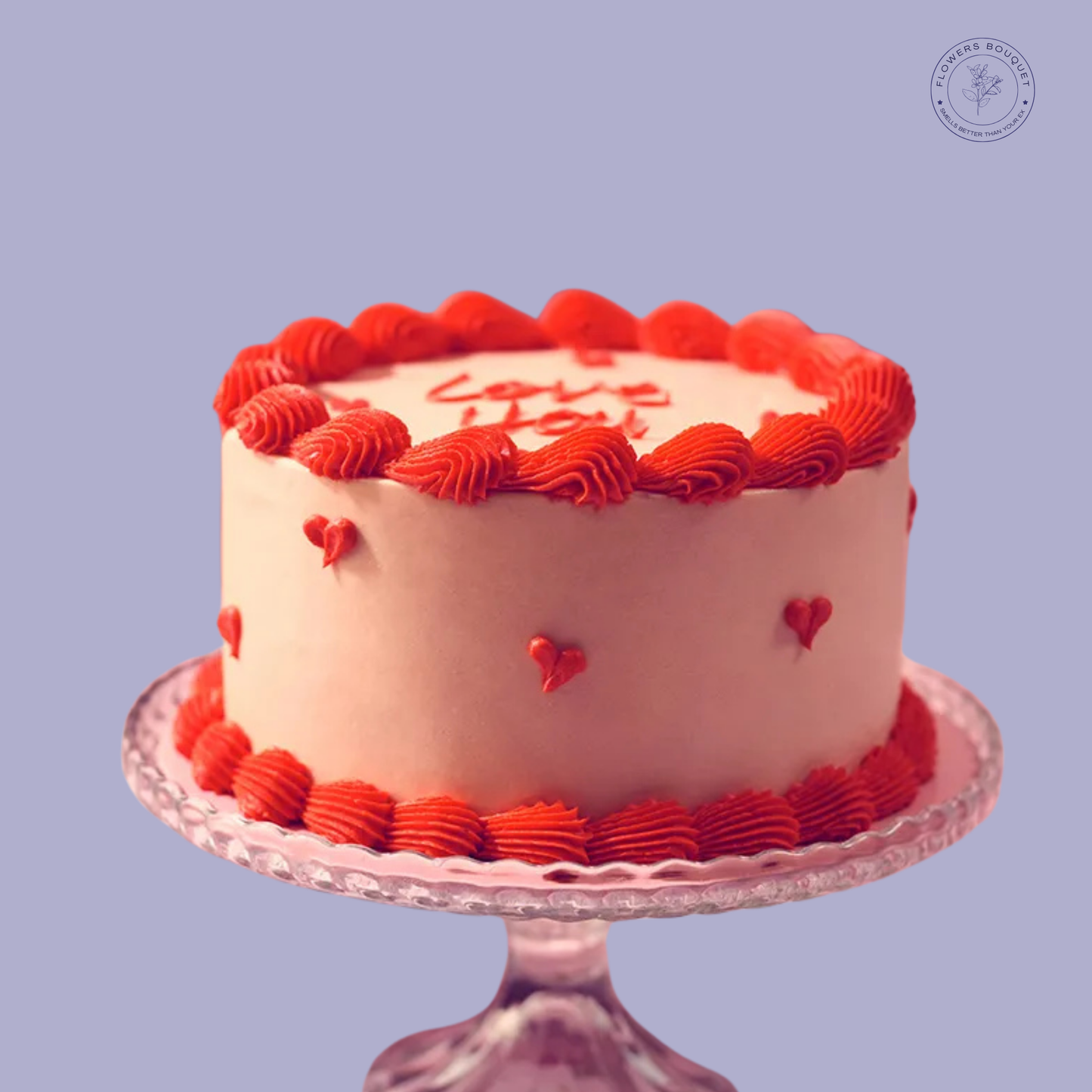 Love You' cake with red buttercream hearts and smooth white frosting, ideal for expressing affection on special occasions.