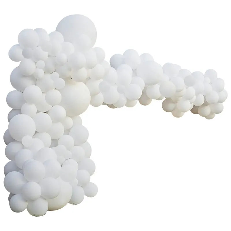 Luxury all-white balloon arch decoration for weddings, birthdays, and corporate events in the