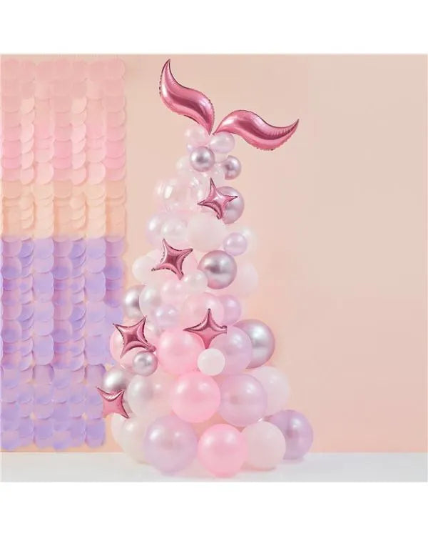 Mermaid balloon garland in pink and purple with metallic foil accents, perfect for UK birthday party and baby shower decorations.