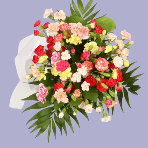 “Mixed carnation bouquet with red, pink, peach, and cream flowers combined with greenery, wrapped in white paper – affordable flowers under £35 UK.”
