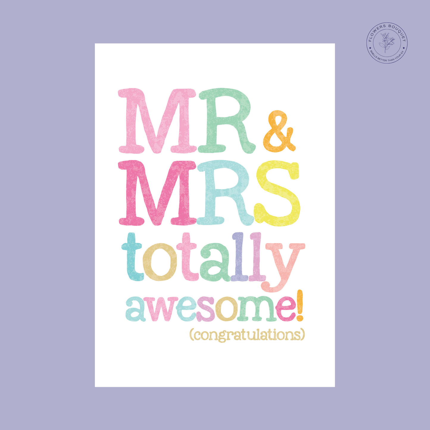 "Mr & Mrs Totally Awesome card with colorful bold typography and playful design, perfect for wedding or anniversary congratulations."