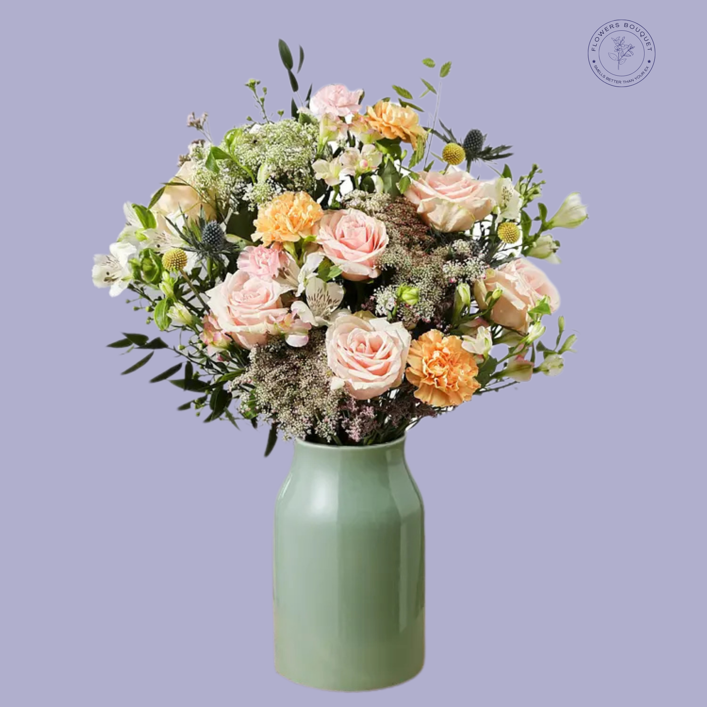 Pastel Bliss Bouquet with blush pink roses, peach carnations, white alstroemeria, blue thistles, and greenery in a sage green vase.