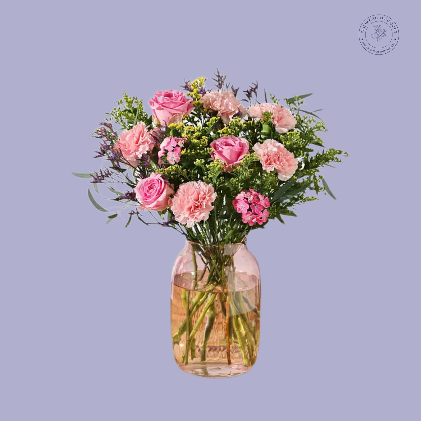 A delightful bouquet called "Pink Delight," featuring pink roses, carnations, spray carnations, solidago, and seasonal greenery in a pink-tinted glass vase.