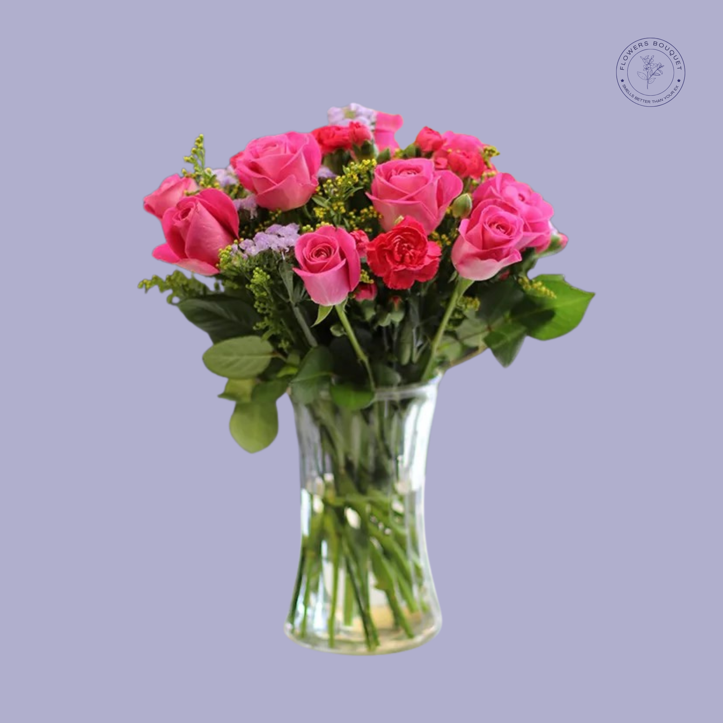 Pink Roses and Carnations bouquet in a clear vase, symbolizing love and admiration.
