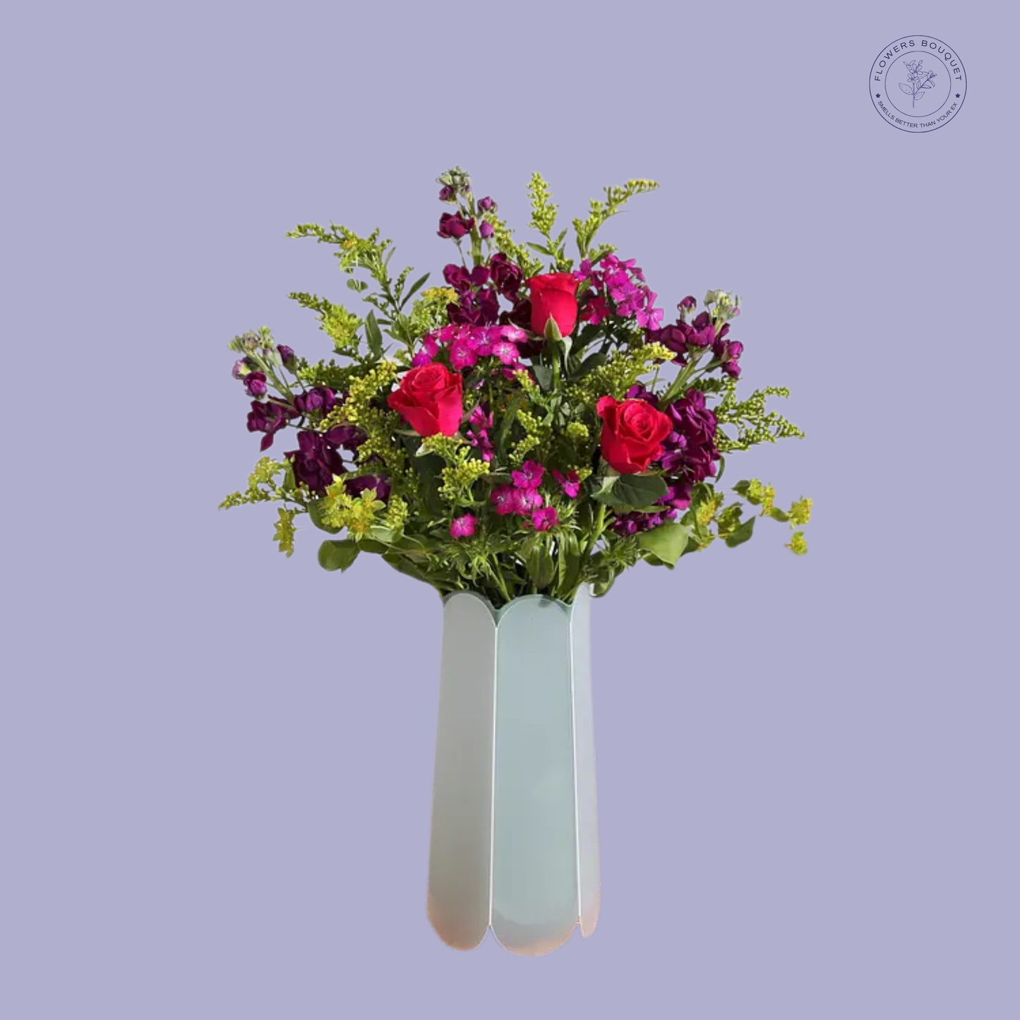 A vibrant bouquet called "Radiant Jewel," featuring 3 roses, 4 stock, 5 alstroemeria, 3 solidago, and seasonal greenery arranged in a sleek pastel vase.