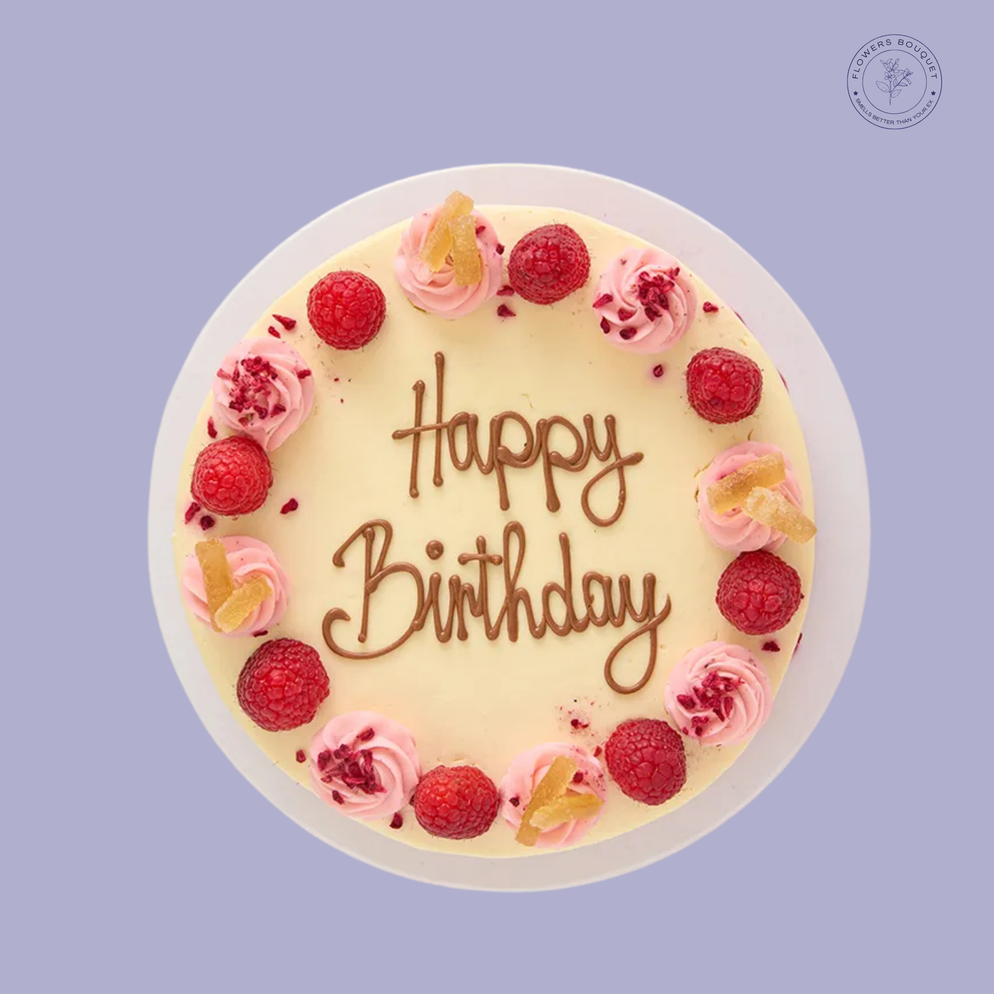 Raspberry & Lemon birthday cake with piped lemon buttercream, fresh raspberries, and candied lemon slices. Perfect for birthdays.
