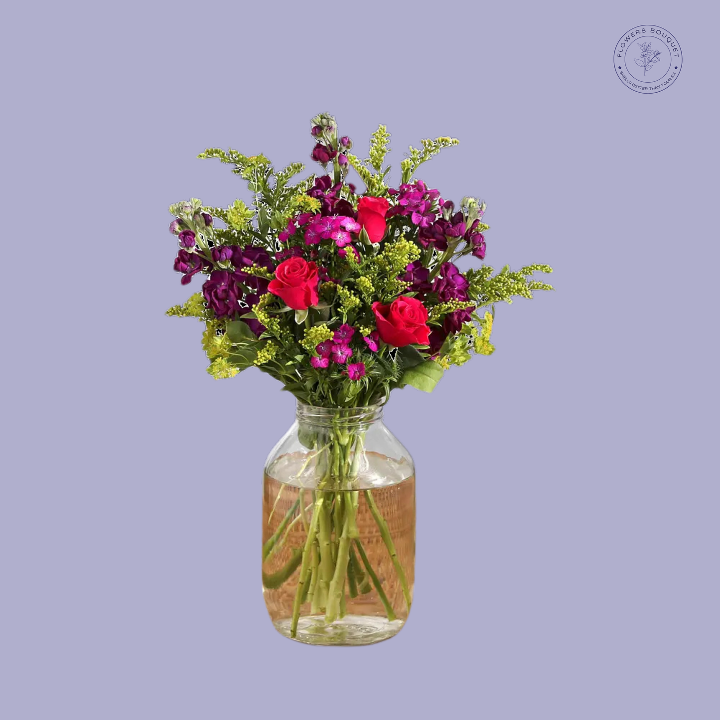 A luxurious floral arrangement called "Ruby Bliss Bouquet," featuring red roses, purple flowers, solidago, and greenery in a clear glass vase with visible water and stems.