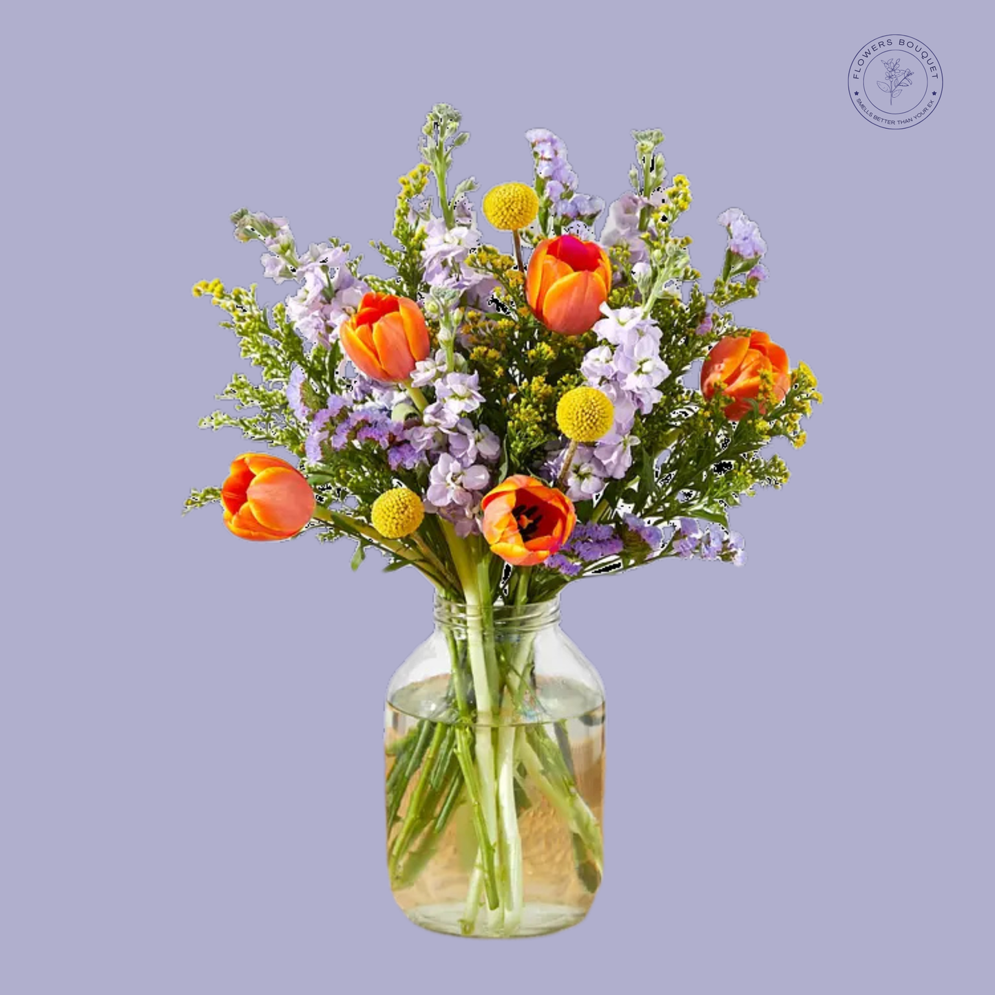 A bright and cheerful bouquet called "Spring Radiance," featuring orange tulips, craspedia, lilac stock, limonium, and solidago in a clear glass vase with water.