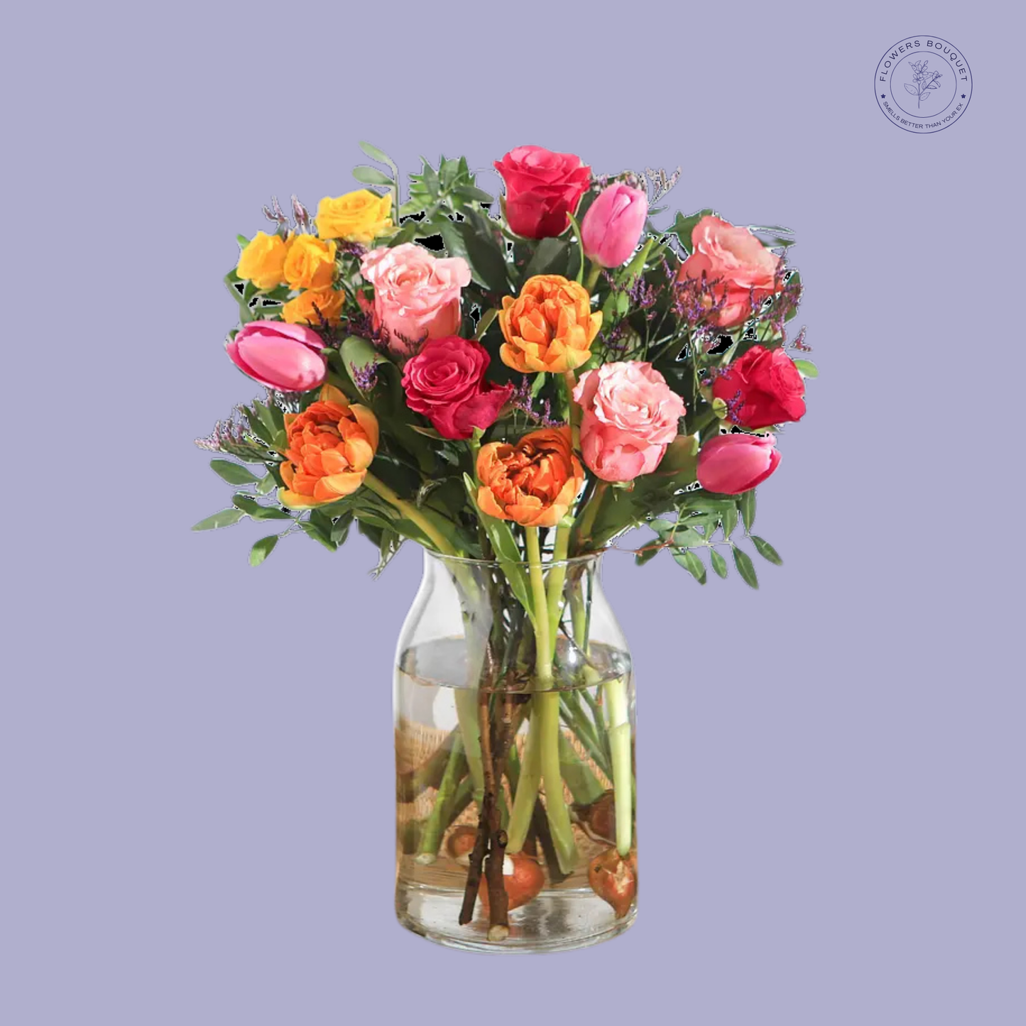 A vibrant floral arrangement called "Summer Blossom Delight," showcasing colorful roses, orange ranunculus, and pink tulips in a clear vase with visible stems and water.