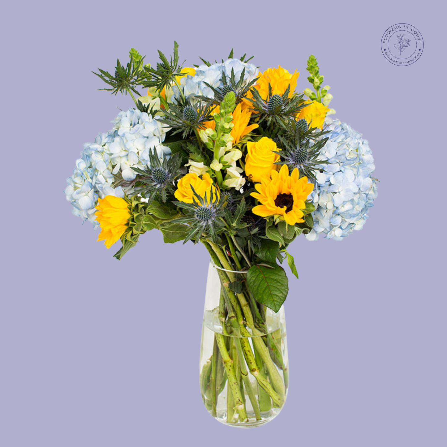Sunflower and Hydrangea Bouquet with sunflowers, blue hydrangeas, delphinium, and thistles in a vase.