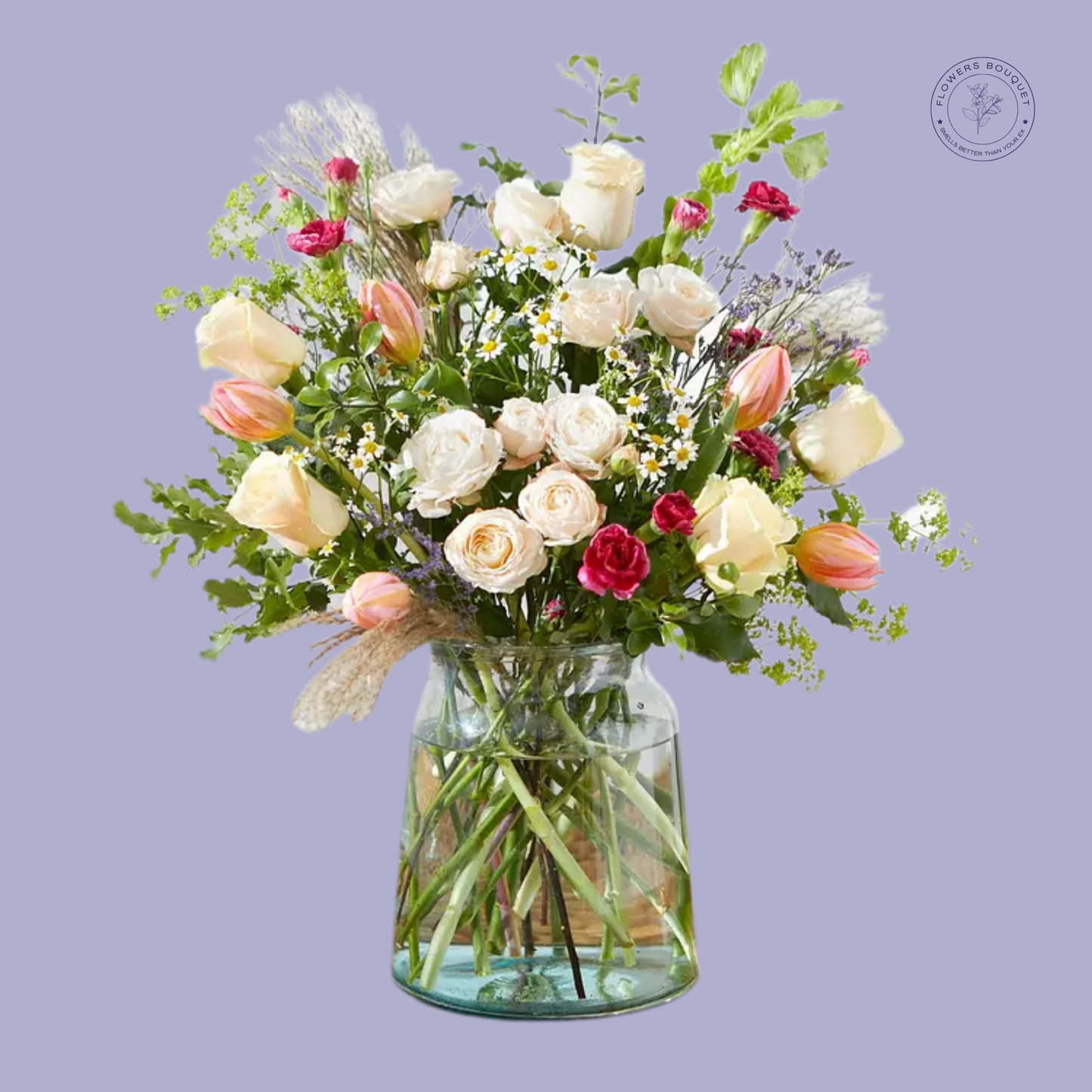 Vintage Charm Bouquet with cream roses, pink tulips, chamomile, red spray roses, and pampas grass in a glass vase.