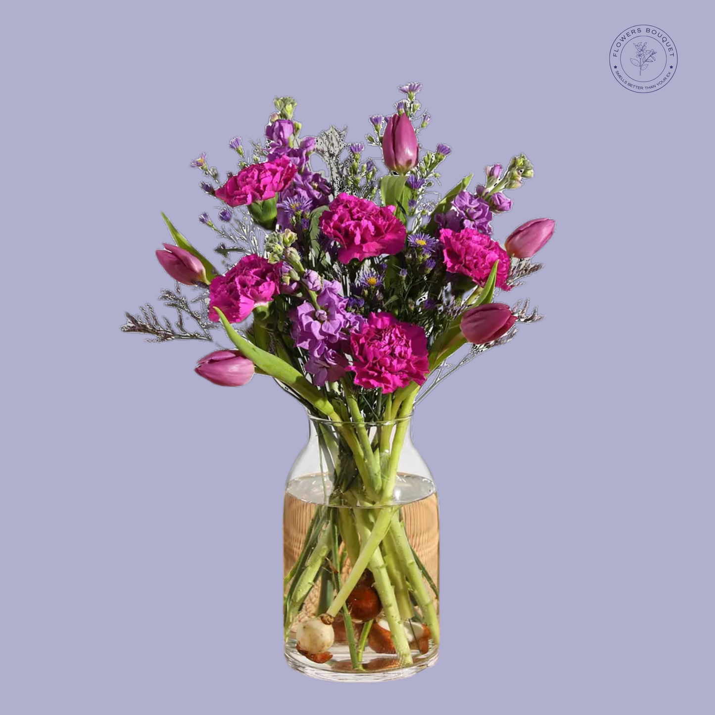 A vibrant floral arrangement called "Vivid Elegance," featuring magenta carnations, purple tulips, and seasonal blooms in a clear vase with water and visible stems.