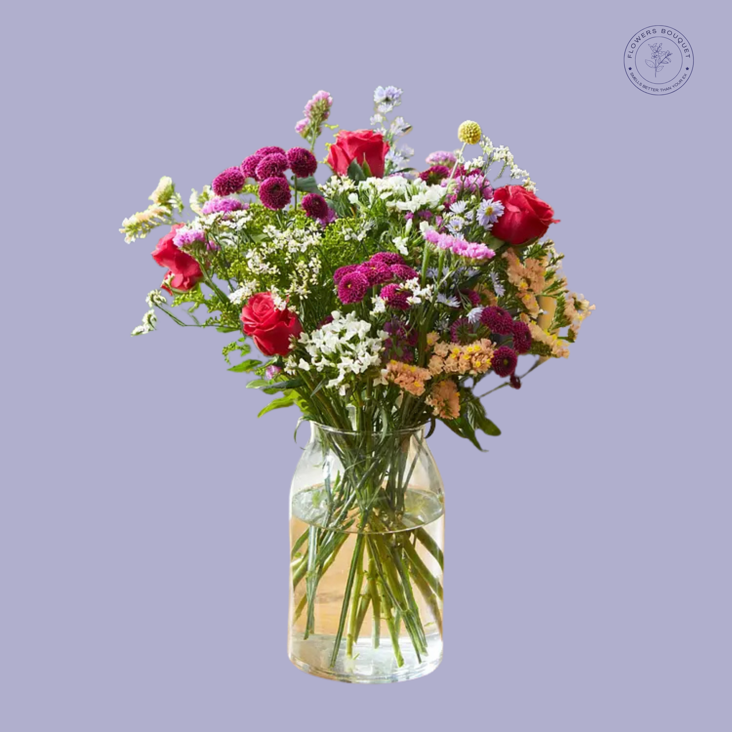 A rustic bouquet called "Wild Meadow Charm," featuring roses, purple chrysanthemums, craspedia, white statice, peach limonium, and aster flowers in a clear glass vase.